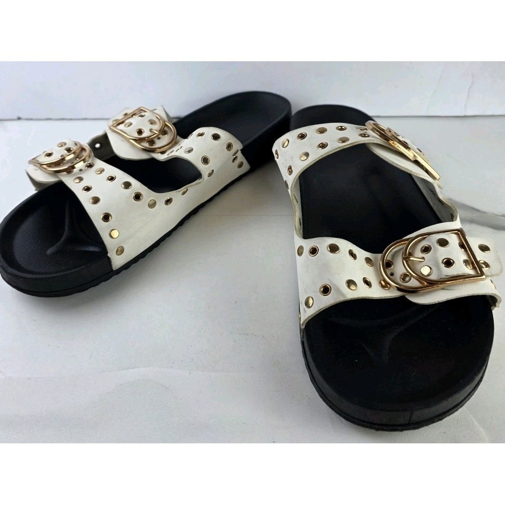 Nicole Miller Slide Sandals Womens 9 White Gold Studded Buckle Double Strap